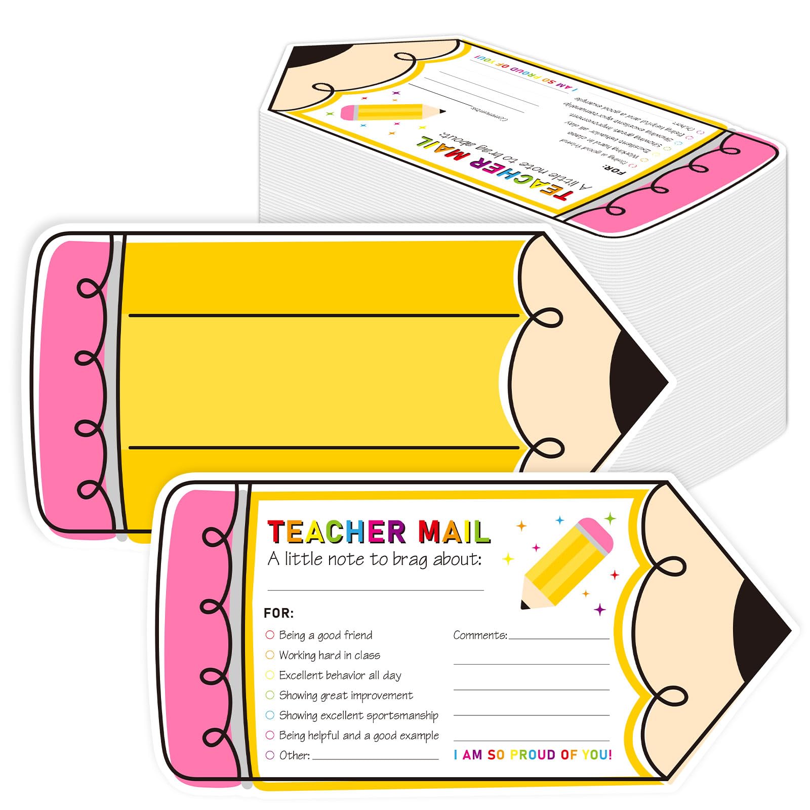 FYSUIMU 50 tarjetas motivacionales con forma de lápiz, de profesor a estudiantes, para el aula, buen comportamiento, postal positiva para enviar a casa para preescolar, jardín de infantes, primaria
