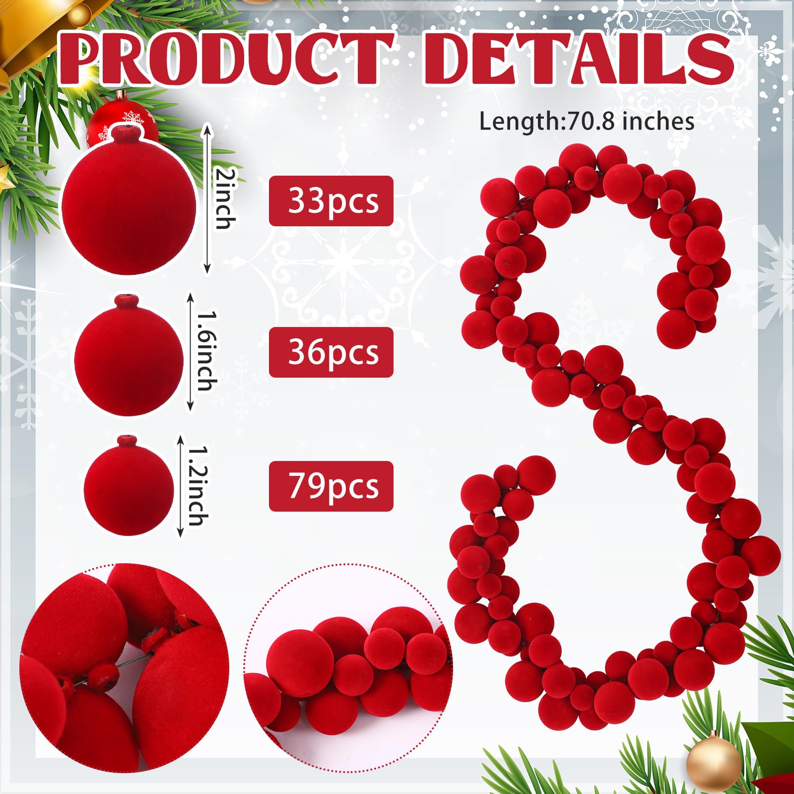 Xinnun Guirnalda de Bolas de Terciopelo de Navidad de 6 pies, Adornos de Navidad para Colgar, Bolas de Terciopelo inastillables, Decoraciones para el hogar, Interiores y Exteriores, Mantel de