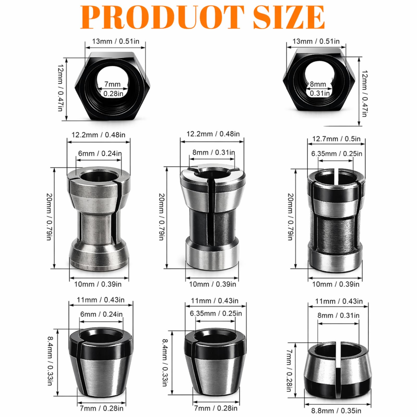 Set di 8 pinze di serraggio per fresatrice, 6 adattatori (6/6,35/8 mm) + 2 dadi, pinza di serraggio per fresa in acciaio, accessori per fresatrice Bosch, mandrino per incisione e lavorazione del legno