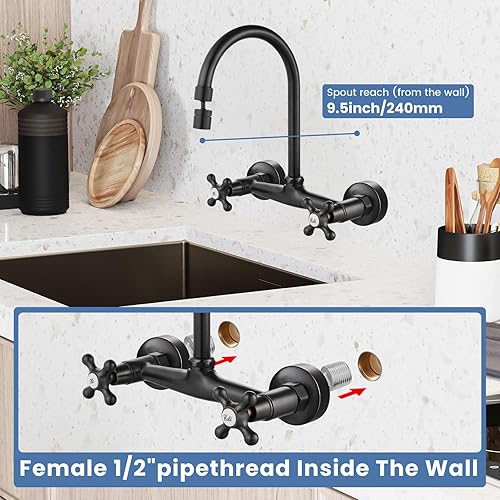 Vista 64 de Airuida Grifo de cocina de montaje en pared con rociador, grifo de fregadero de cocina montado en la pared, asas dobles cruzadas, boquilla giratoria