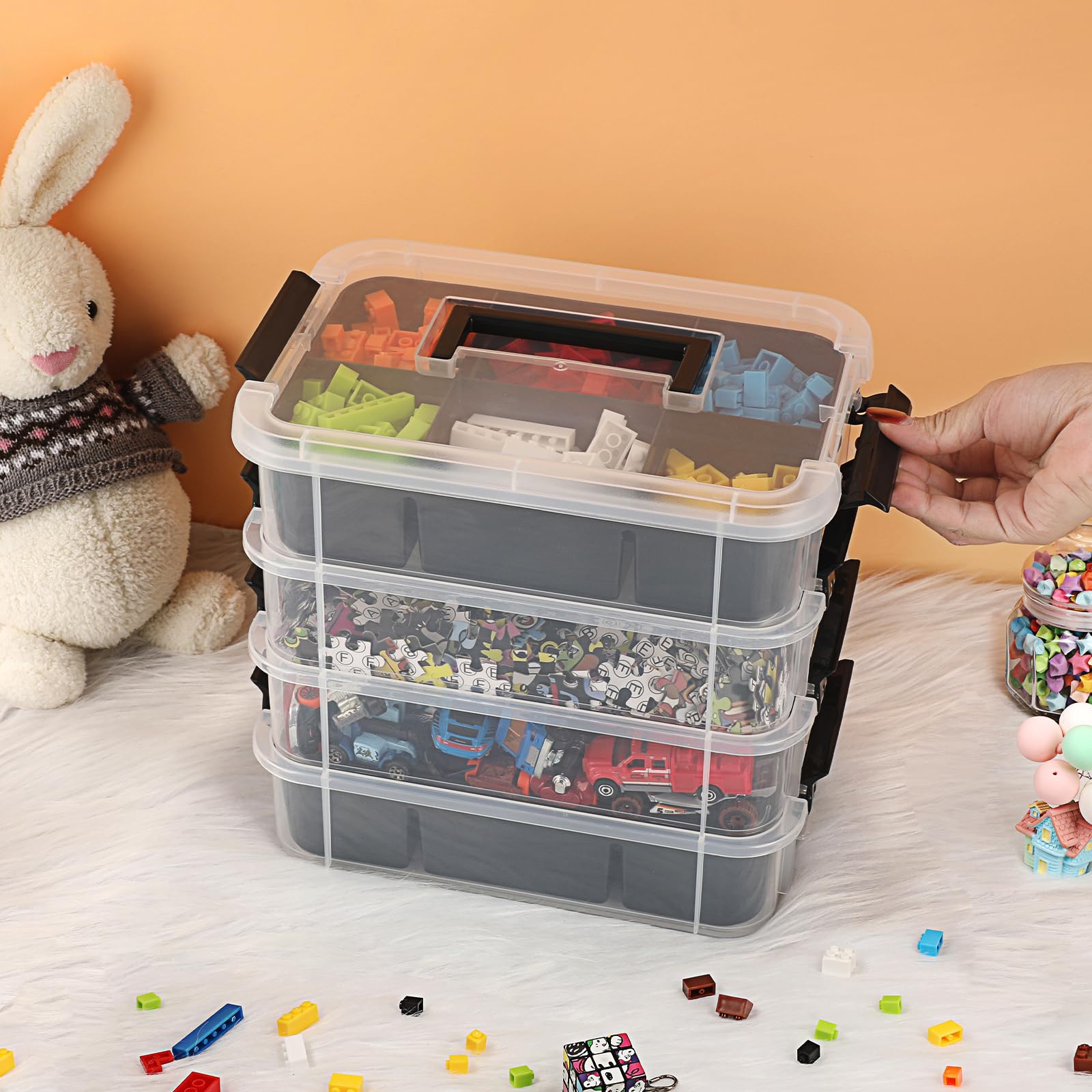 IGNPION Stapelbare Aufbewahrungsbox, 4-Ebenen-Verstellbare Kunststoff-Aufbewahrungsbox mit Tragegriff Transparente Organizer-Behälter für Kunst- und Bastelarbeiten, Spielzeug, Nähzubehör (Schwarz)