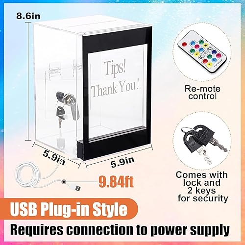 Miniatura 2 de Urna de donación acrílica iluminada  Tarro de puntas cambiantes de 20 colores para dinero con remote, candado, llave y soporte para letreros,