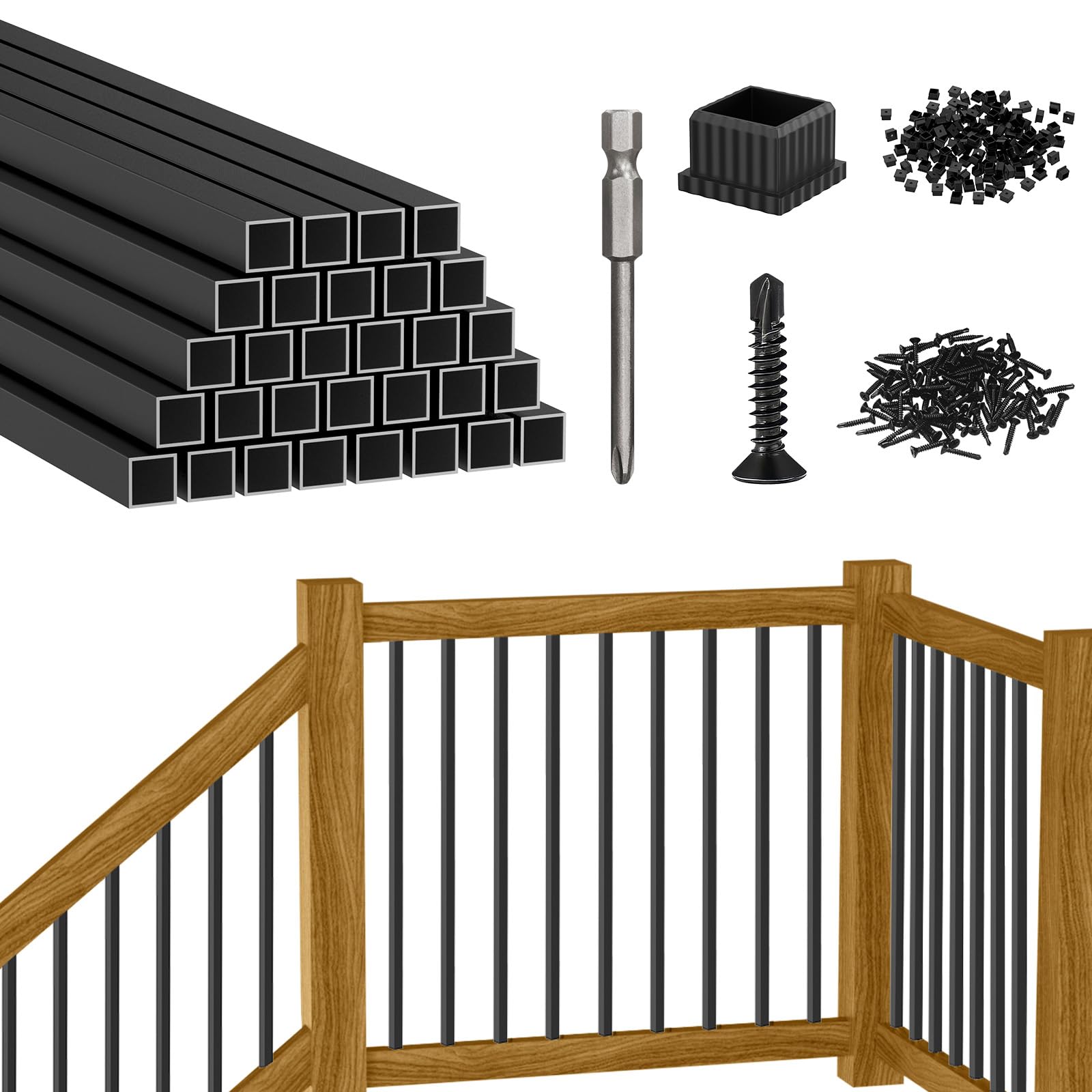 CKE 26" Square Deck Balusters, 30 Packs Black Aluminum Deck Balusters for Wood and Composite Deck Railings with Screws & Balusters Conectors, 3/4"