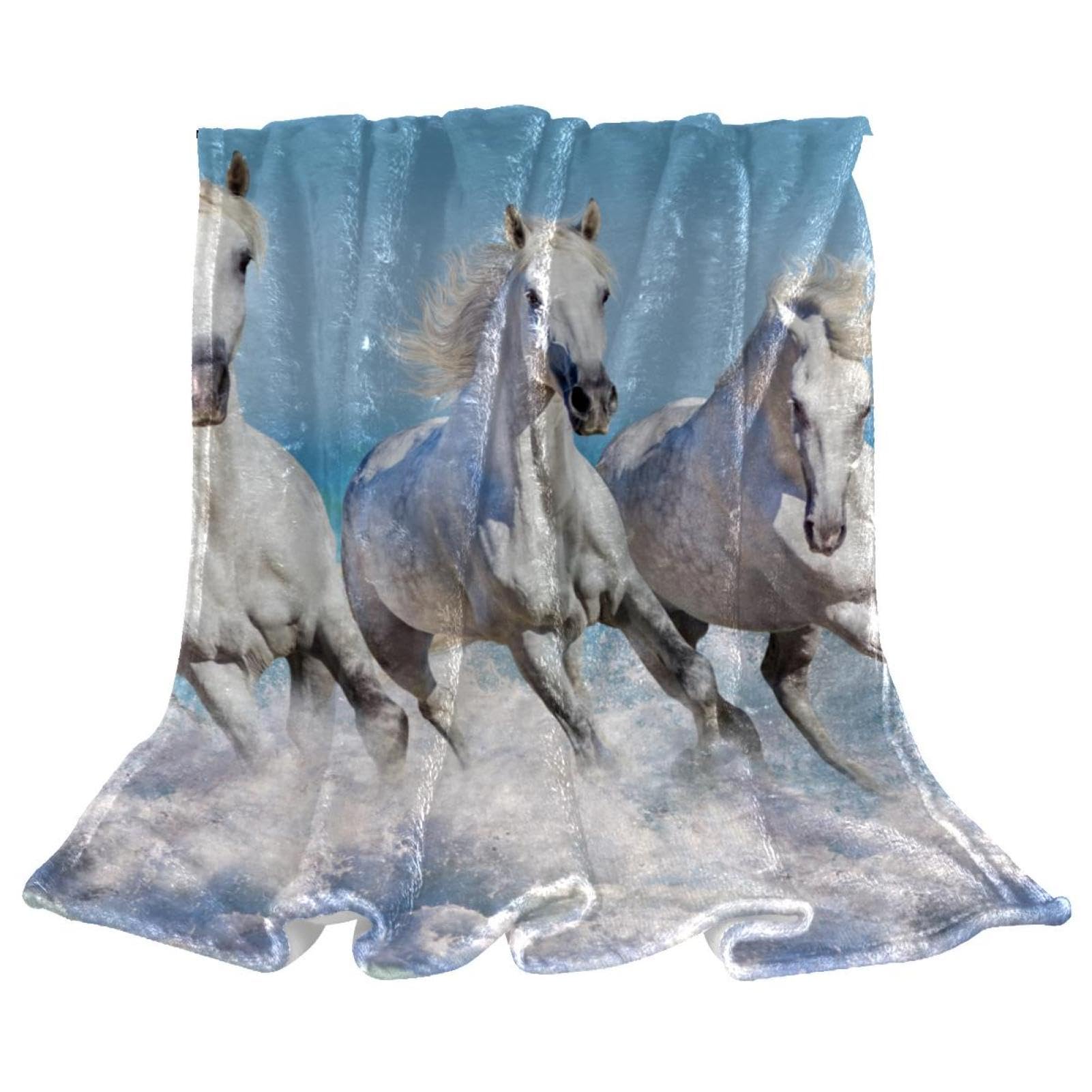Couverture polaire chevaux blancs grand plaid de canapé et jeté de lit salon