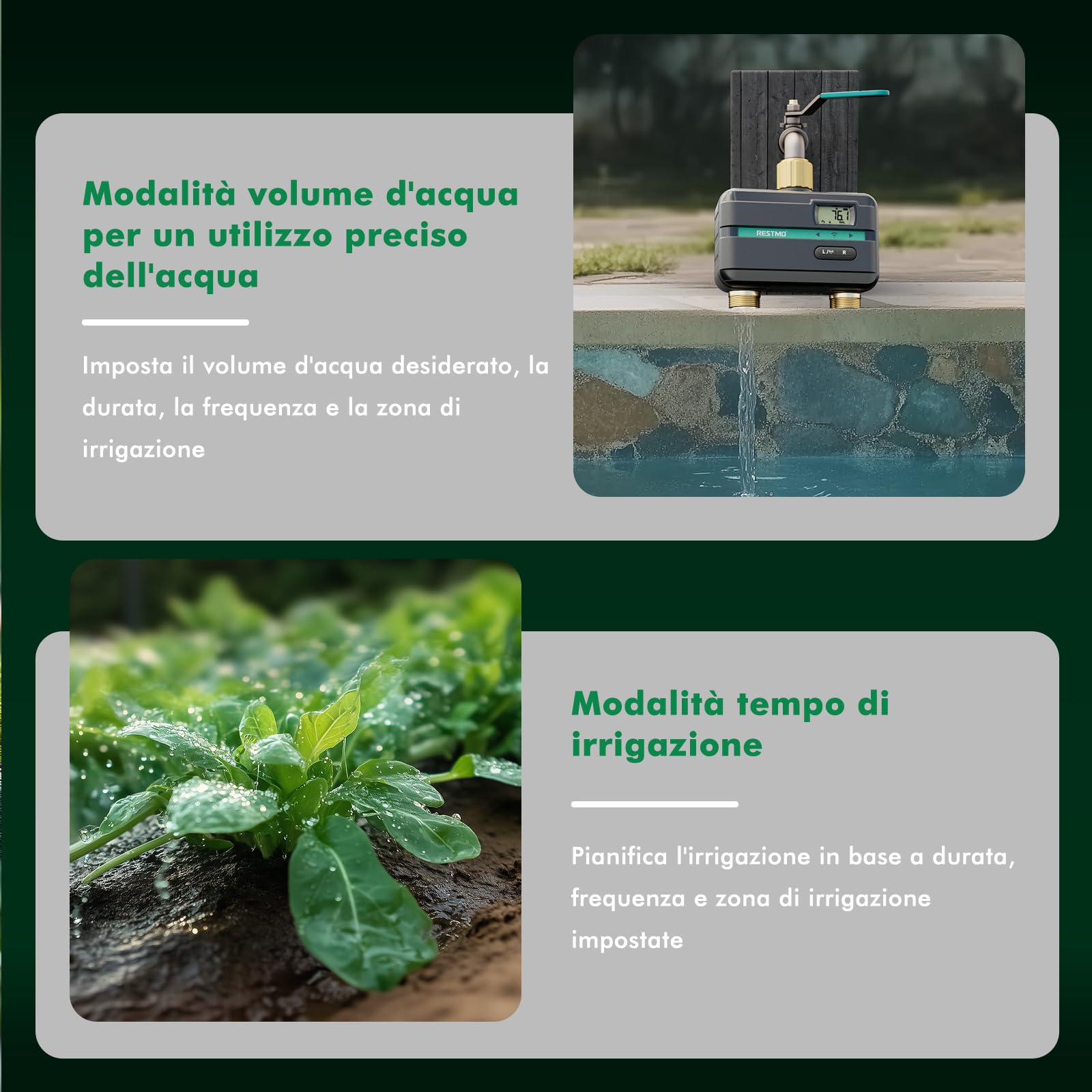 RESTMO Computer di irrigazione a 2 zona Chip Bluetooth + Wi-Fi integrato | Controllo app, Automatico/Manuale/Ritardo Pioggia, Timer per Tubo da Giardino