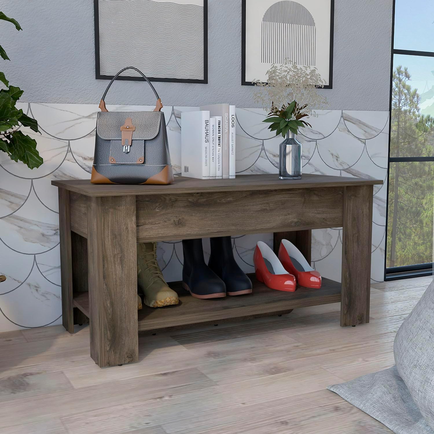 Modern Storage Bench Storage Table, One Extendable Table Shelf, Four Legs, Lower Shelf Dark Brown