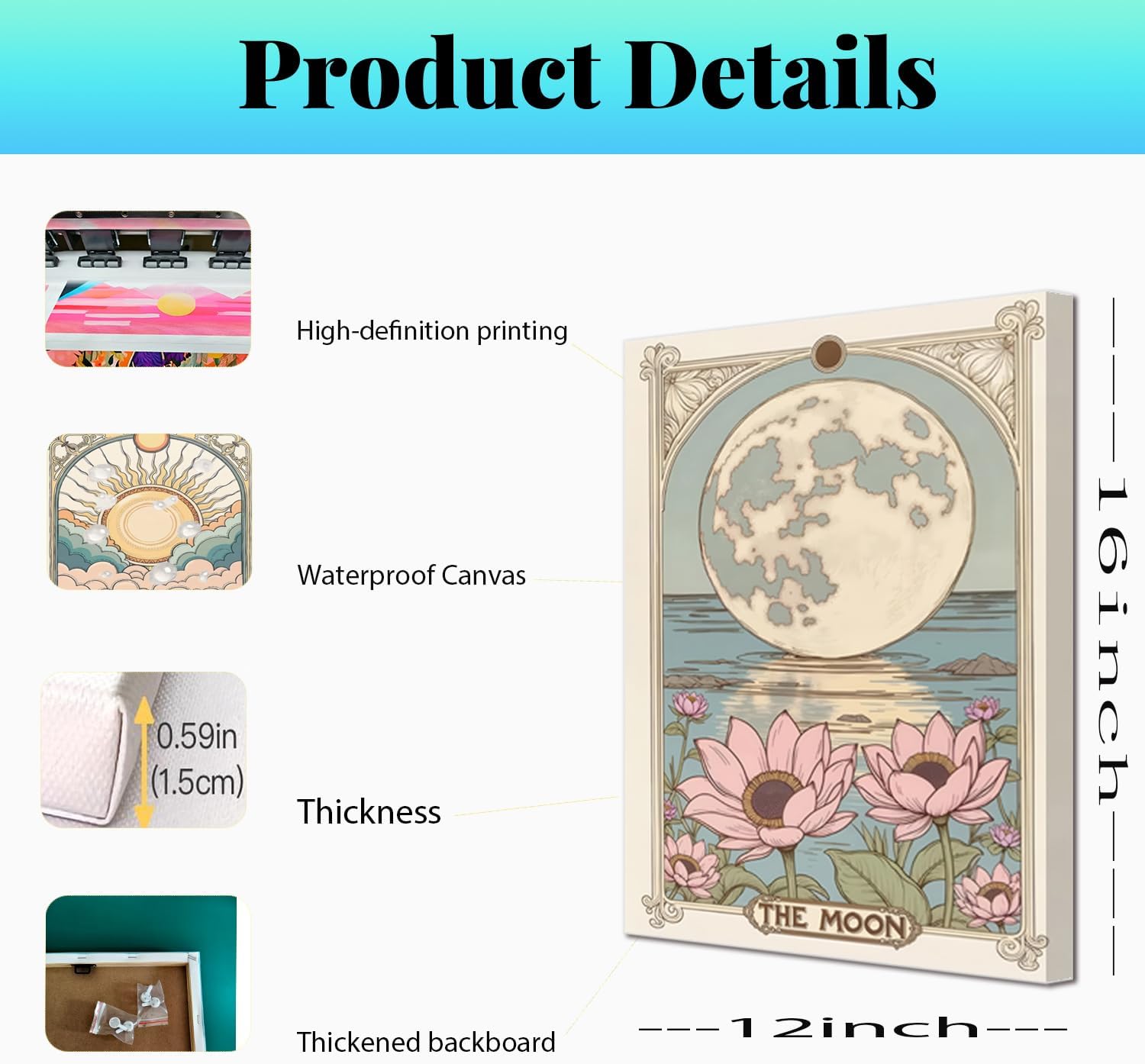 Sun and Moon Celestial Wall Art Set of 3 Vintage Tarot Astrology Canvas Wall Decor Sun Flower and Full Moon Lotus Posters Prints Picture Painting for Living Room Bedroom 12x16 In Framed