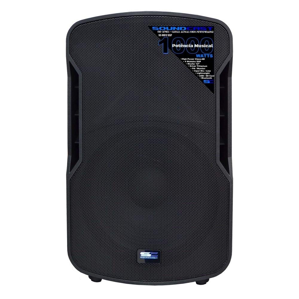 Front view of the Soundcast MD-12 DSP Active Speaker, showing the speaker grille and integrated handles.
