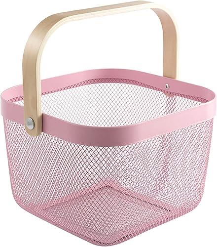 Cesta organizadora de almacenamiento de malla de acero, multifuncional, de alambre de metal, cesta de frutas con mango de bambú, ideal para cocina,