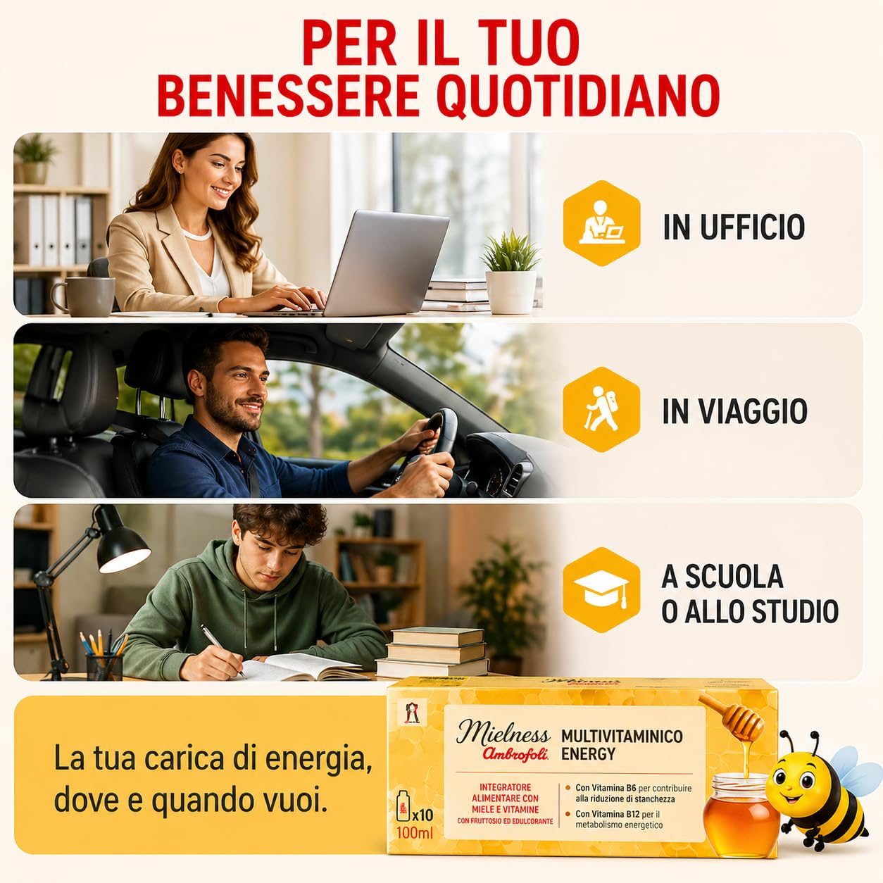 Ambrosoli Multivitaminico Energy con Miele – Integratore Stanchezza e Affaticamento – Vitamine B6 B12 – Metabolismo Energetico – 10 Flaconcini 10ml (Confezione da 2)