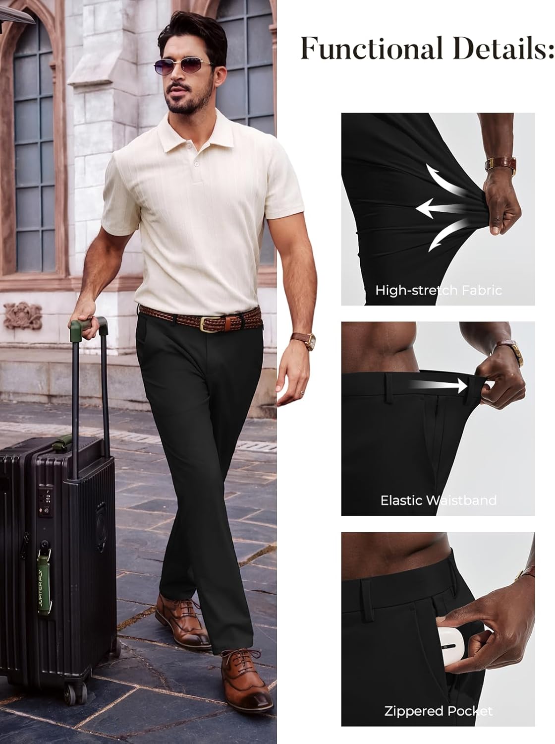 PJ PAUL JONES Mens Dress Pants 4-Way Stretch Tapered Trousers Extended Waist Dress Pant Casual Golf Pants - Image 4