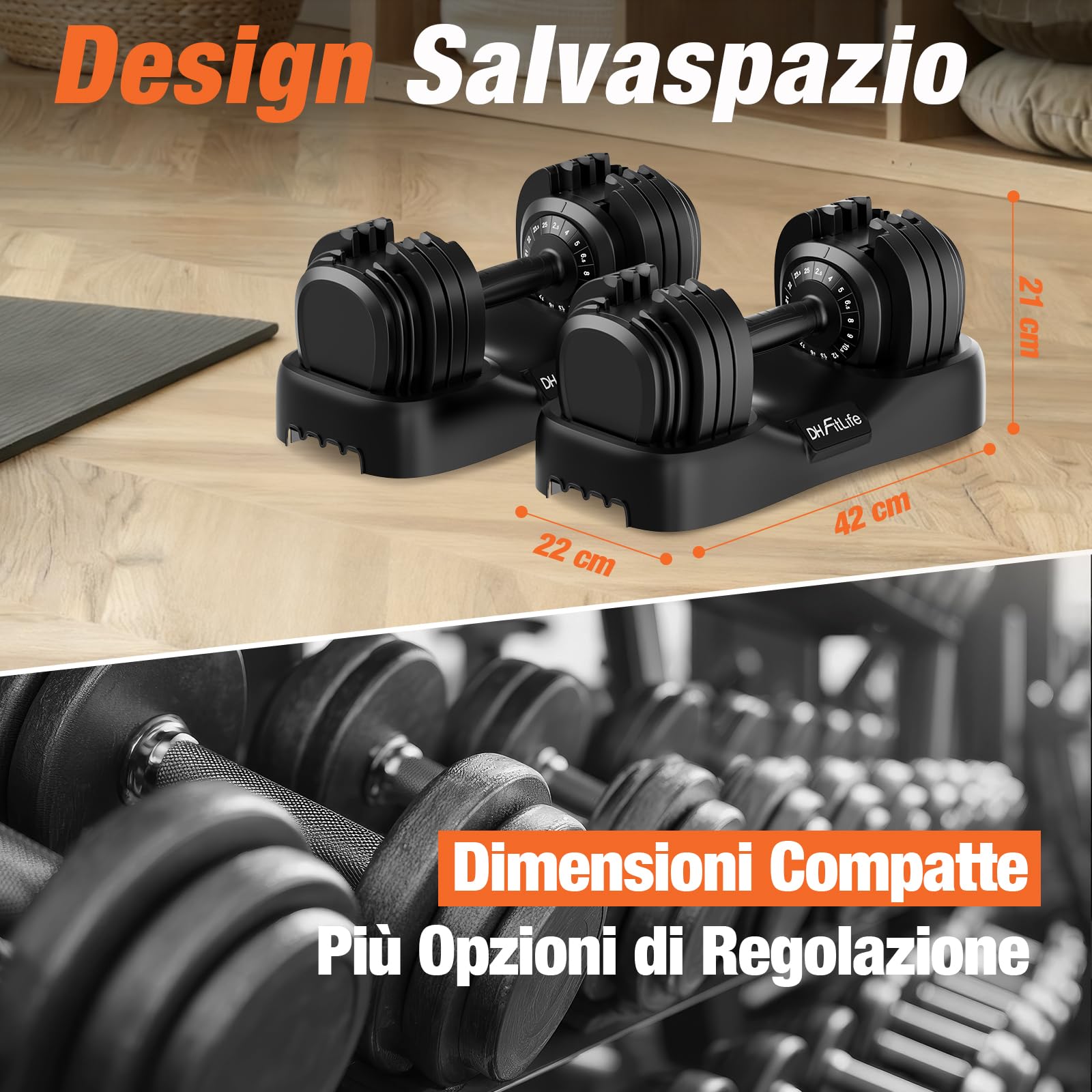 DH FitLife 2026 Nuovo Manubri Regolabili da 2,5 a 25 KG con Base Porta Pesi – Set Manubri Componibili per Uomo e Donna con 18 Pesi in 1, Manubri Regolabili Salvaspazio per Allenamento a Casa
