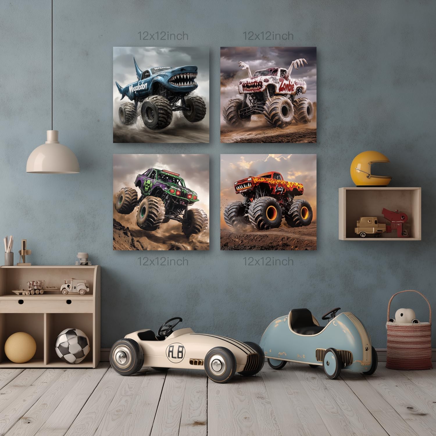 CAZLOUC Monster Truck Wall Decor Set of 4, Boys Room Canvas Wall Art, Funny Kids Racing Car Aesthetic Pictures, Modern Trucks Adventure Poster Prints for Bedroom Playroom 12x12 Inch