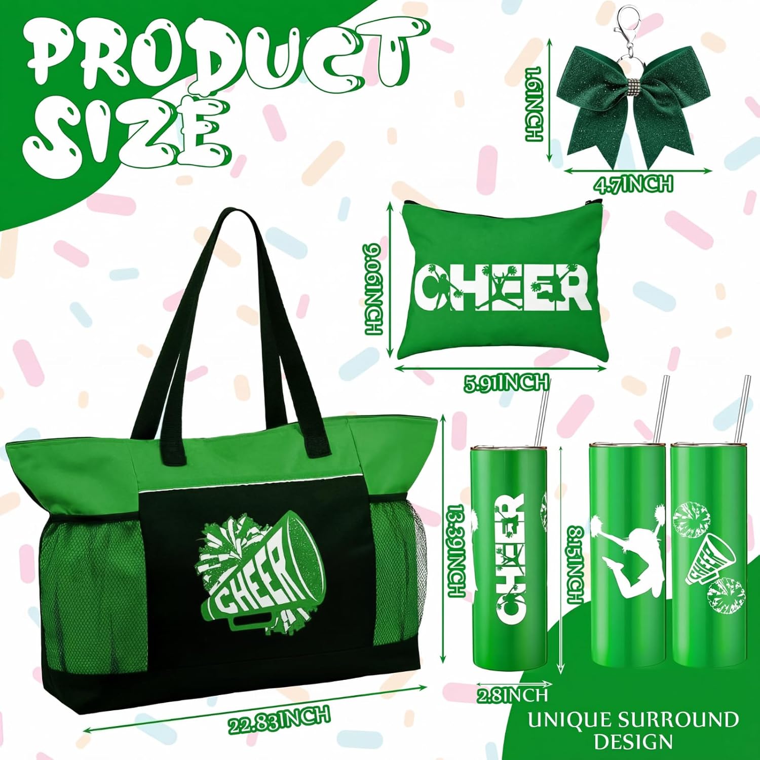Patelai 4 Pcs Cheerleader Gifts Set Cheer Tote Bag 20 oz Tumbler Women Makeup Bag Keychain Stuff Accessories for Cheerleader