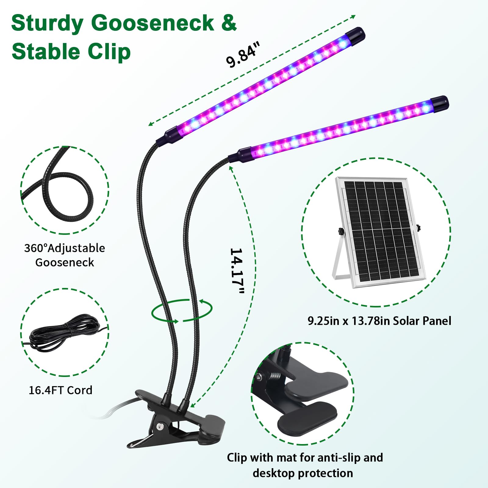 Luz solar para cultivo de plantas con batería de día/noche, 2 cabezales, 40 luces LED de espectro completo con clip de 16.4 pies, cable de carga USB, temporizador, regulable para plantas de