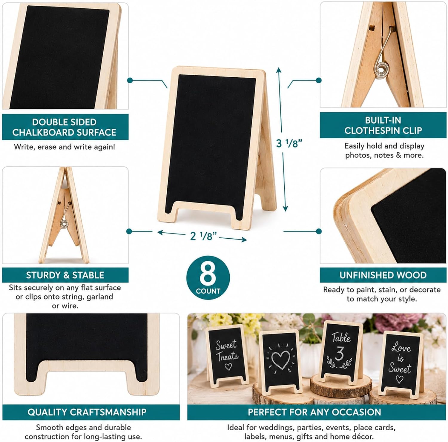 Leisure Arts Mini Chalkboard Easels, 8pc, Wood Clothespin