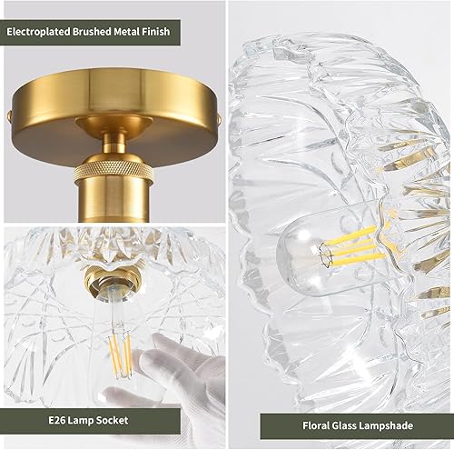 Miniatura 5 de Lámpara de techo semiempotrada de mediados de siglo, moderna pantalla de vidrio translúcido floral, accesorios de iluminación cerca del techo para