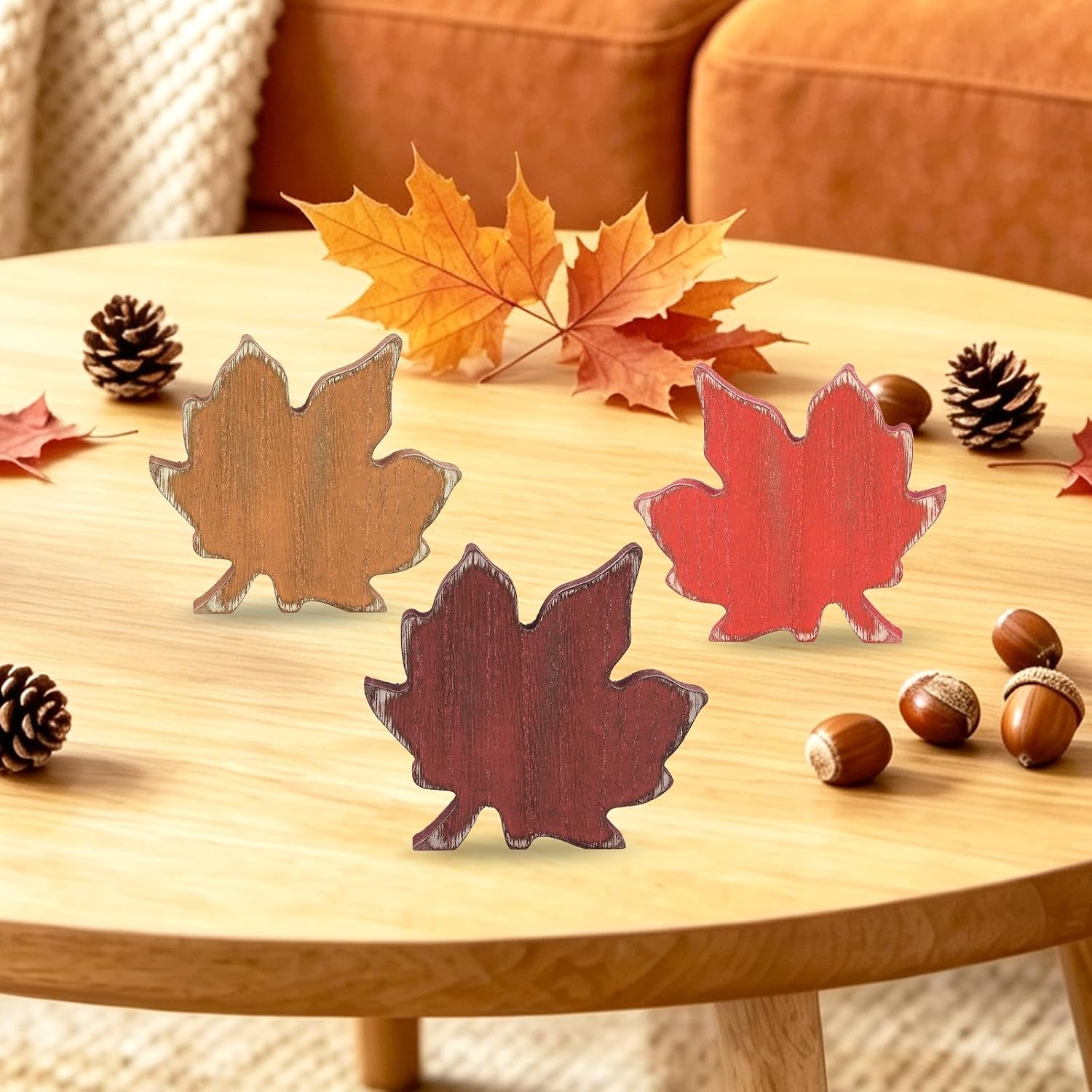 6Pcs Fall Decoration for Home Indoor, Farmhouse Wooden Maple Leaf Table Signs, Vintage Fall Leaves Thanksgiving Harvest Decor for Home Kitchen Office Tiered Tray Mantel Shelf
