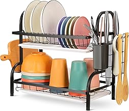 Asiulalt Dish Drying Rack, 2 Tier Stainless Steel Dish Drainer Rack with Drain Board, Utensil Holder, Cutting Board Holder, Rust-Proof Dish Drainer for Kitchen Countertop Sink(Black)
