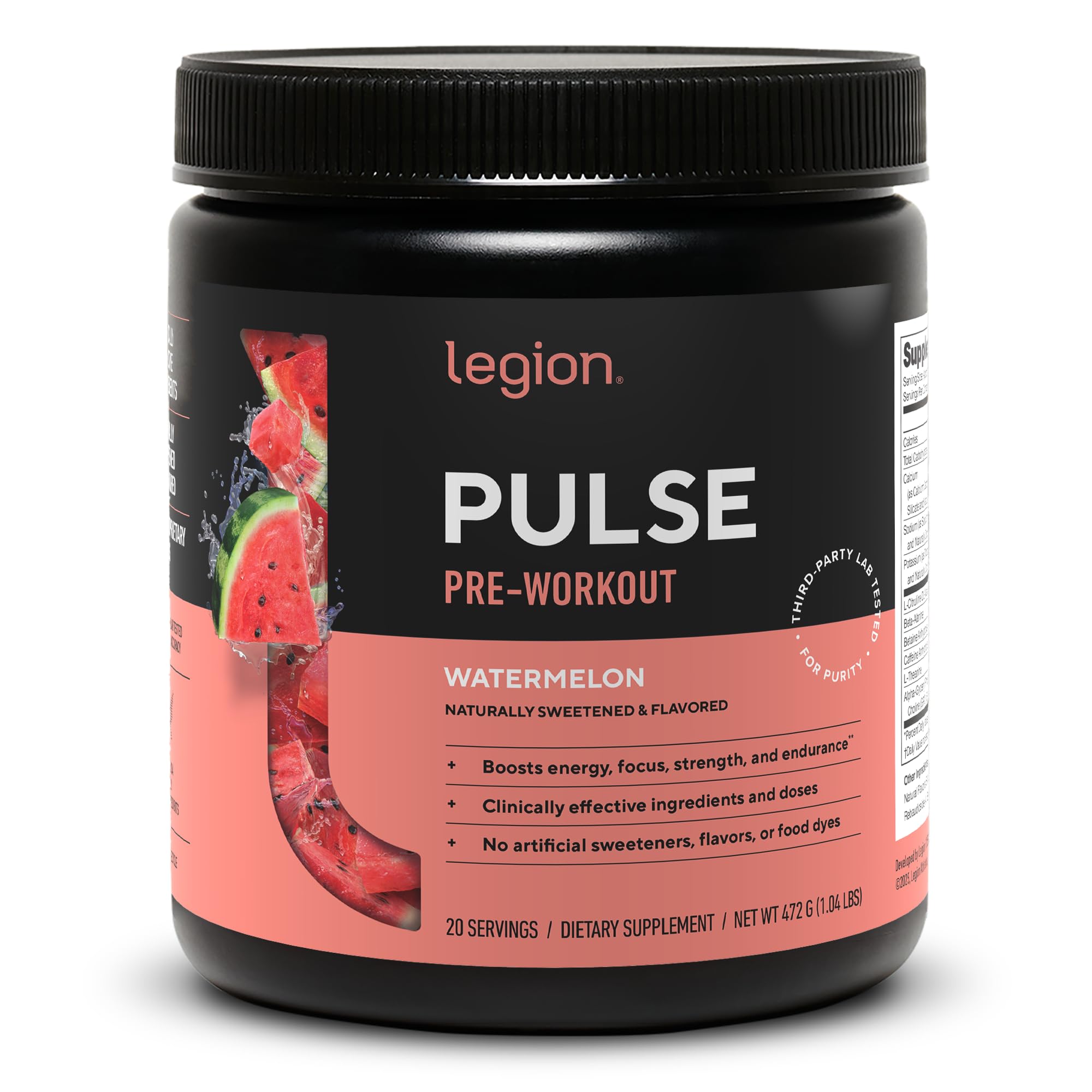 – LEGION Pulse Pre Workout Supplement - All Natural Nitric Oxide Preworkout Drink to Boost Energy, Creatine Free, Naturally Sweetened, Beta Alanine, Citrulline, Alpha GPC (Watermelon)