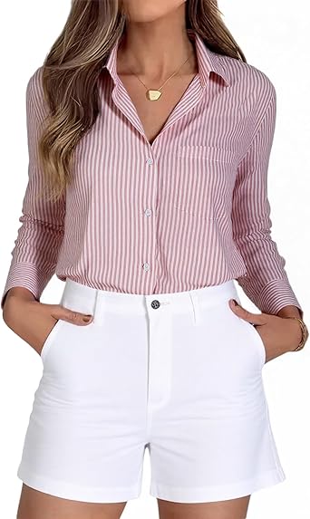 Beninos Striped Button Down Shirts for Women Dress Shirts Long Sleeve Casual Collared Office Work Shirt with Pocket