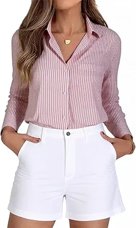 Beninos Striped Button Down Shirts for Women Dress Shirts Long Sleeve Casual Collared Office Work Shirt with Pocket
