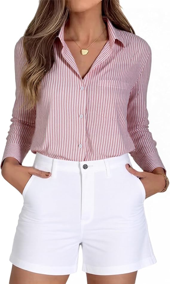 Beninos Striped Button Down Shirts for Women Dress Shirts Long Sleeve Casual Collared Office Work Shirt with Pocket