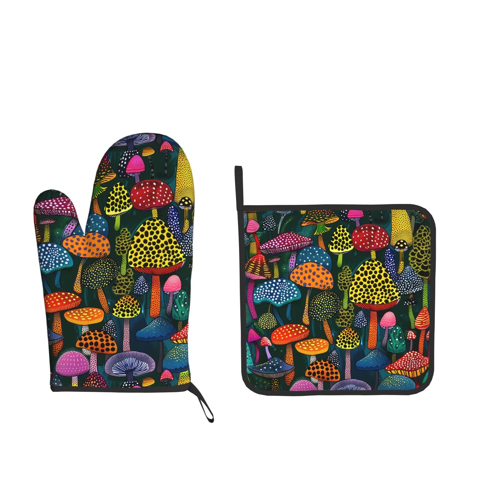 Dewoofly Forest Mushroom Art Painting Heat Resistant Oven Mitts and Pot Holders Sets, Thick Kitchen Gloves for BBQ