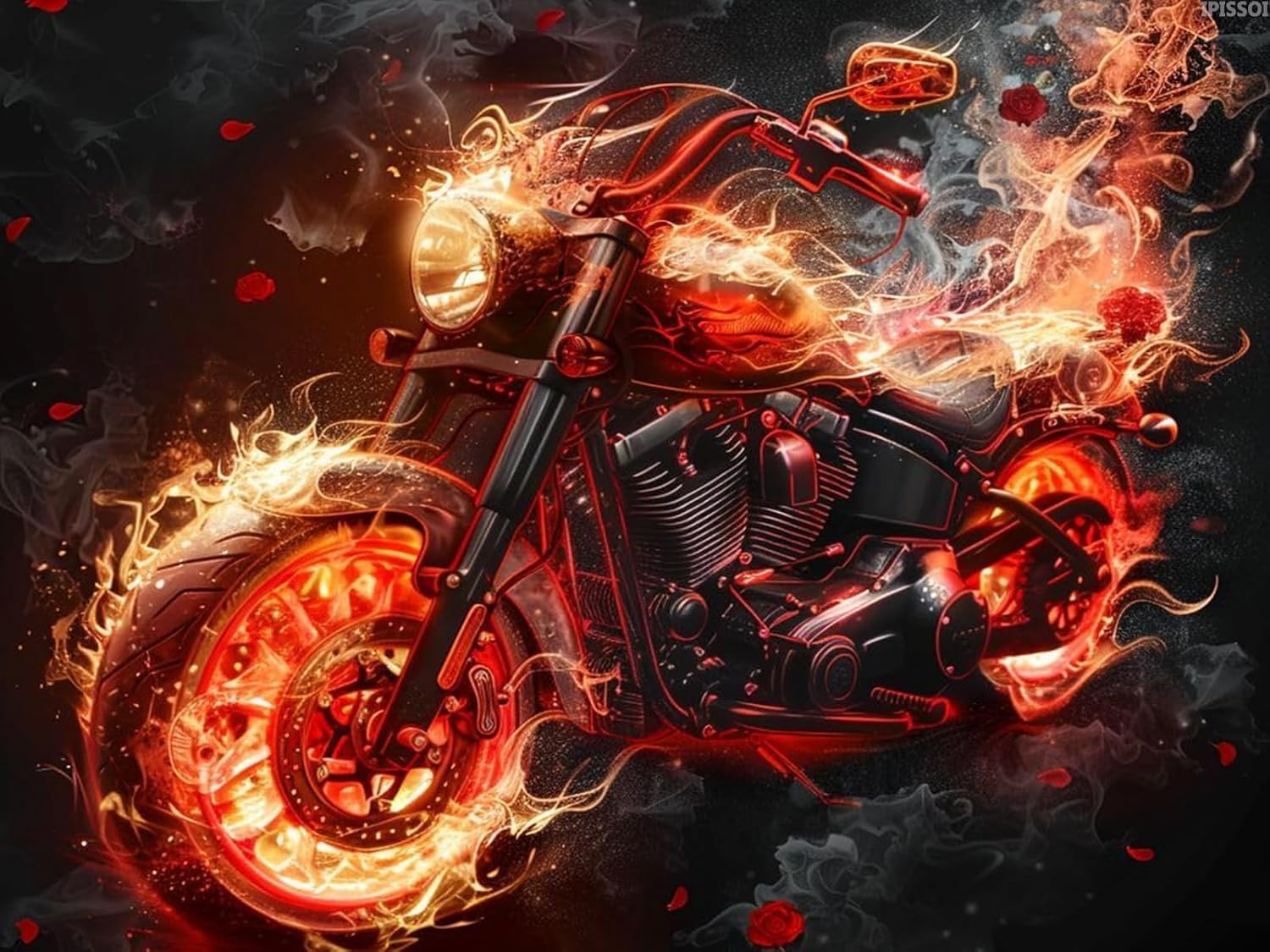 IPISSOI Diamond Art Painting Kits for Adults Beginners Art Flame Motorcycle 5D Full Round Drill Diamond Art Sets Paint by Diamonds Art Crystal Easy Home Wall Decor 12x16inch/30x40cm