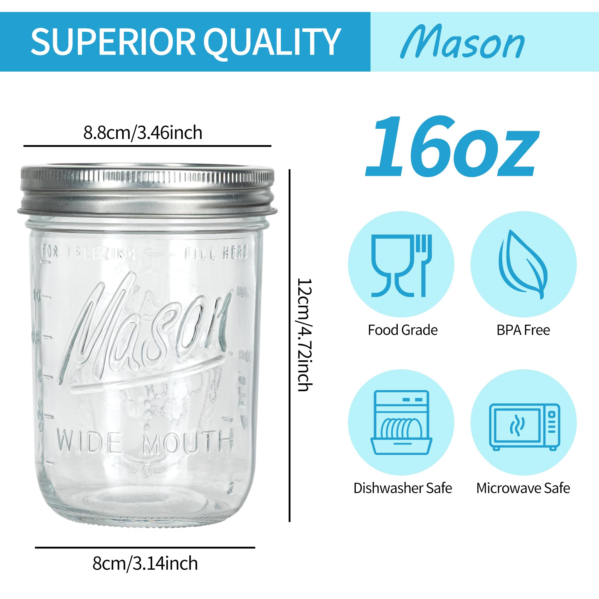 Lot de 8 bocaux Mason à large ouverture avec couvercles hermétiques en métal et bandes - 473,6 g avec couvercles hermétiques en métal pour fermentation, préparation des repas, congélation