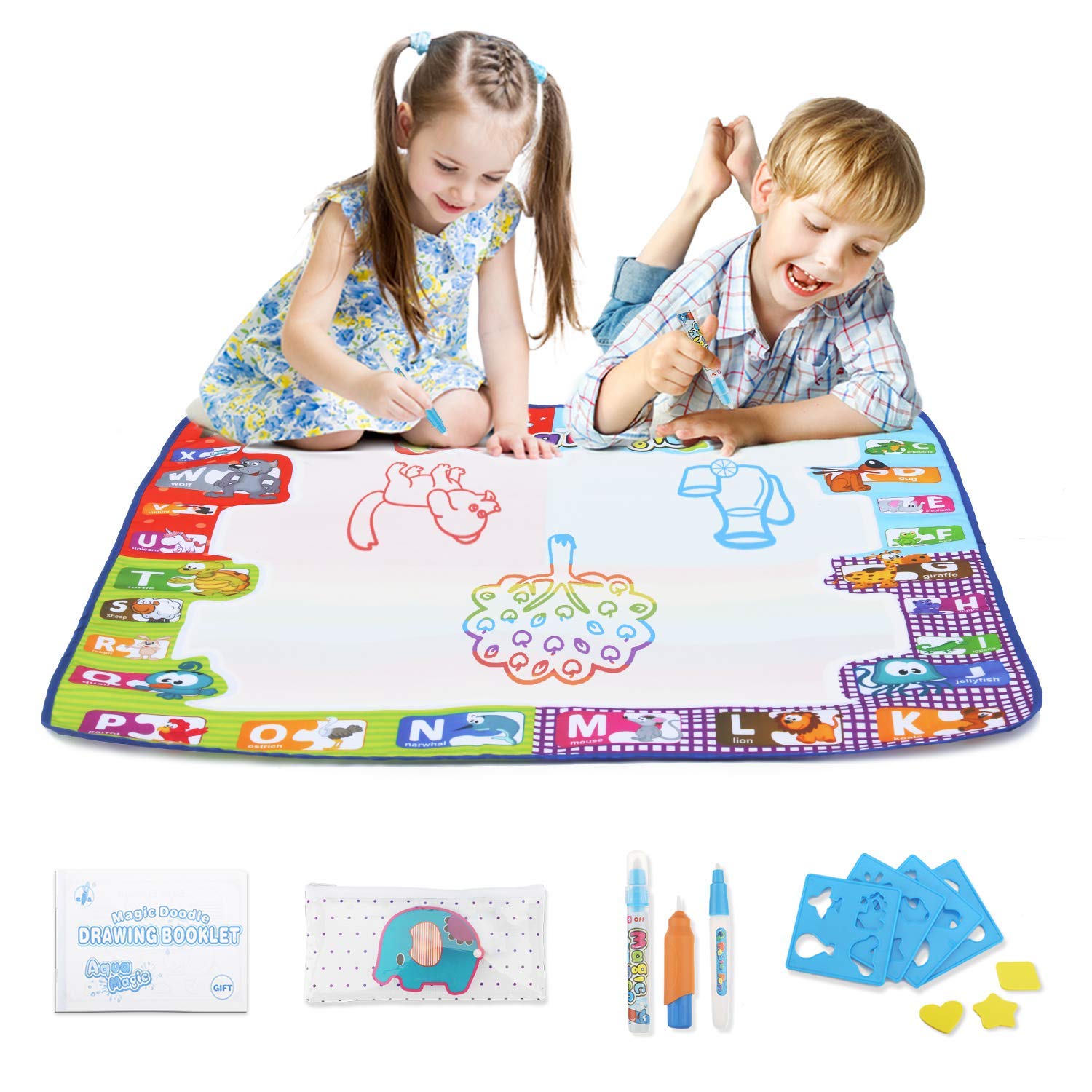 Mumoo Bear Water Doodle Mat 78 x 78 cm with 3 Magic Pens and Stamp Set, Drawing Painting Mat