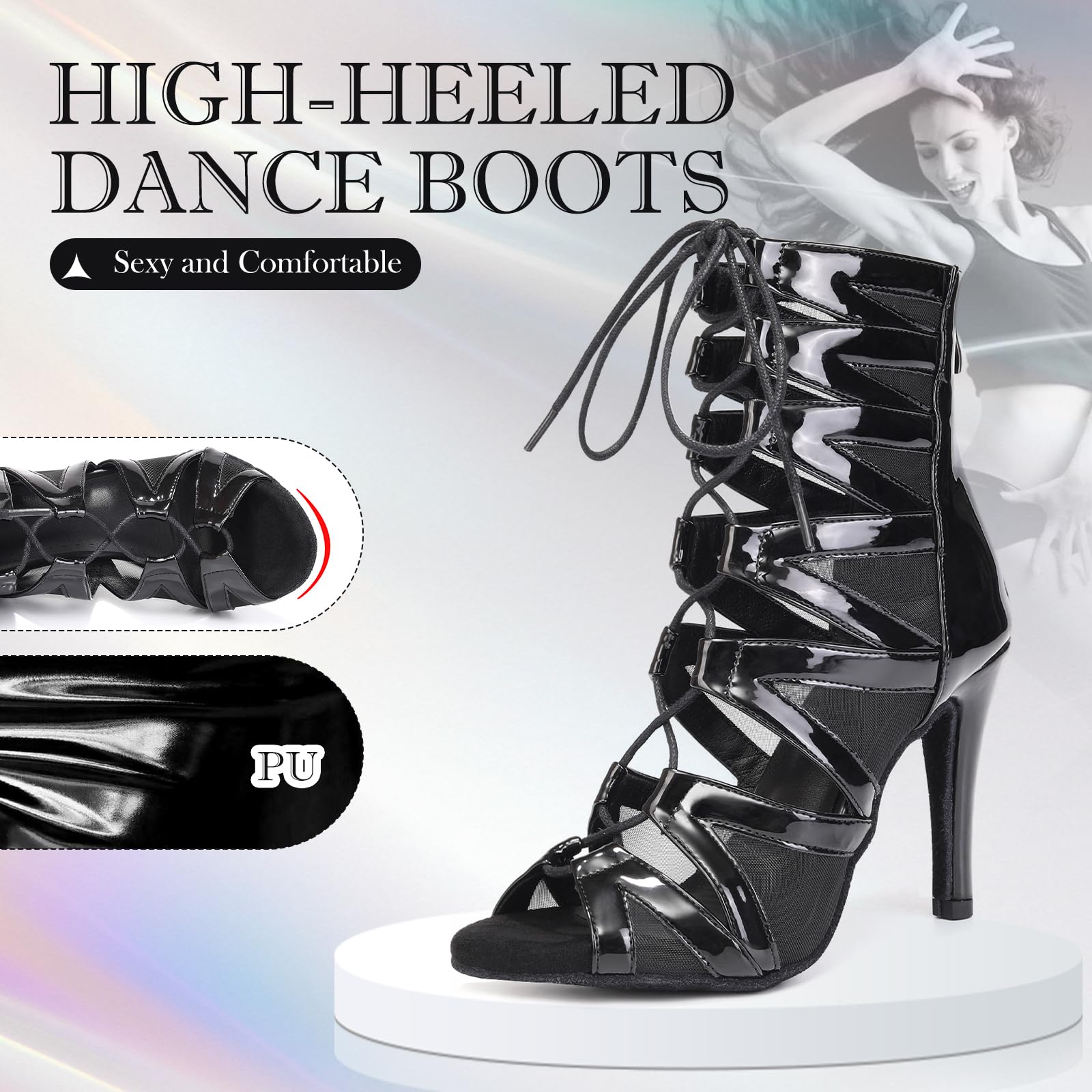 Botas de Baile Latino Mujer Zapatos Baile de Salón Salsa Bachata con Tacón de 9.5cm Suela de Ante Negro