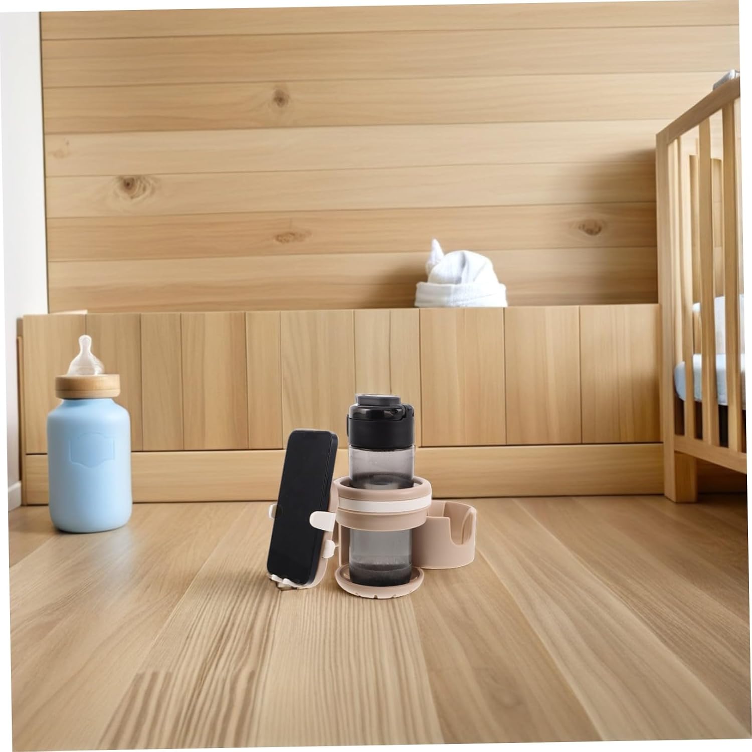 Stroller Cup Holder and Phone Holder for Parents, Removable Pram Attachment with Drink and Bottle Rack, Khaki Color, Compatible with Strollers, Wheelchairs, and Walkers, Travel