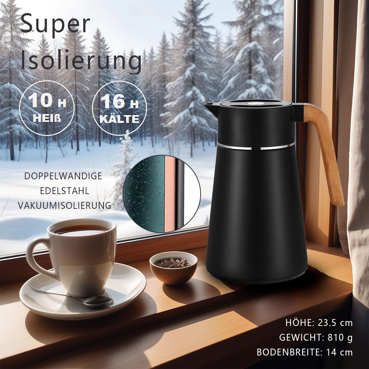 VETIN Termo con colador de té de 1,5 l de acero inoxidable 304, jarra térmica | A prueba de fugas, 10 h caliente y 16 h frío, para té, café y bebidas frías