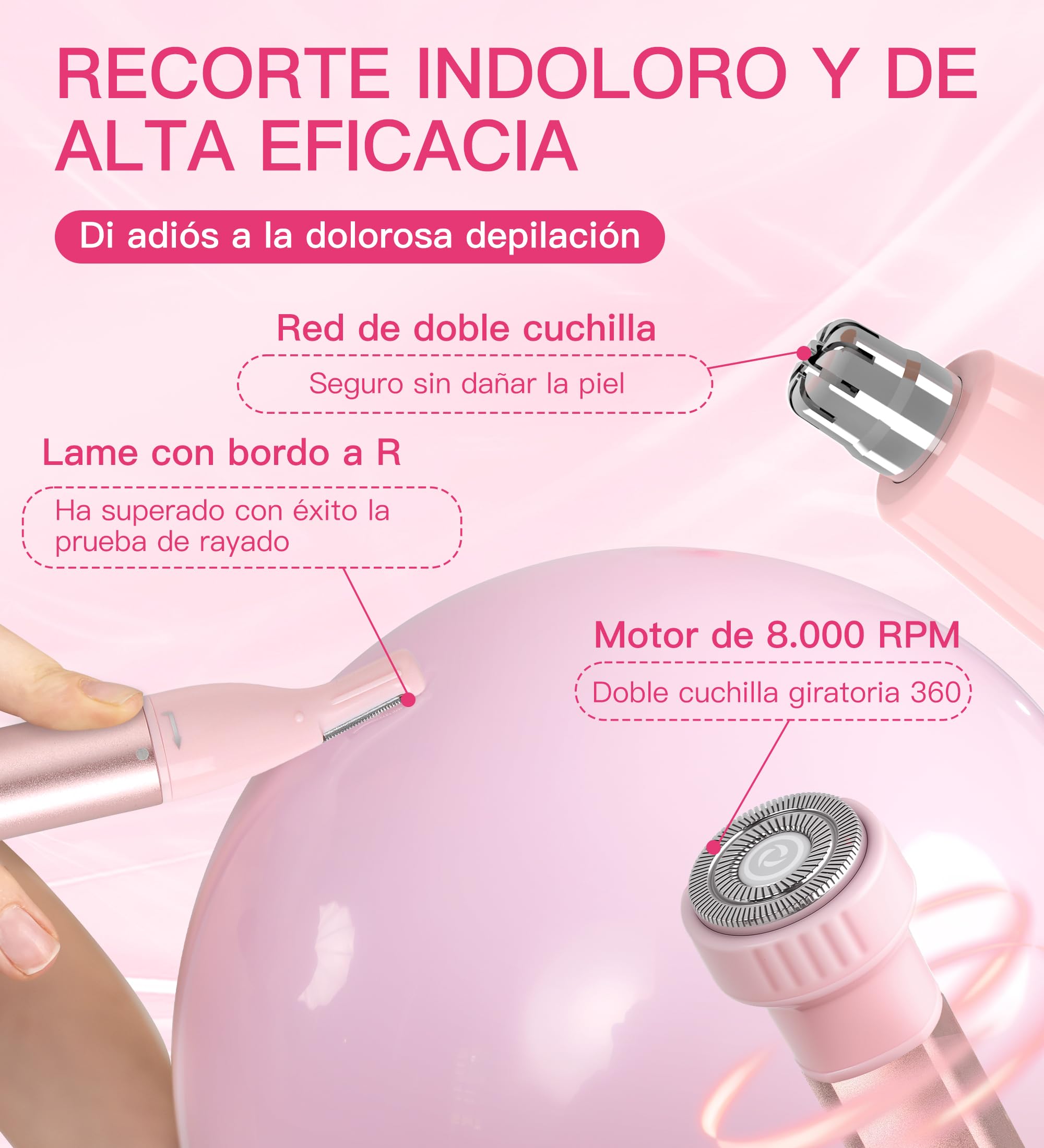 HEBECA Recortadora de vello nasal para mujer 3 en 1 - Recargable, impermeable, portátil con bolsa de viaje - Recorta nariz, oídos, cejas, vello fino, labios, barbilla, eliminador de vello facial (Rosa