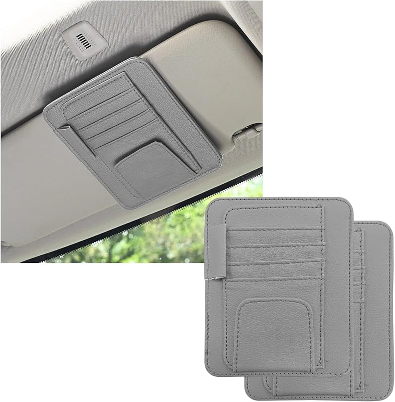 Organizador para Para-Sol Automotivo Dickno em Couro PU com Porta-Cartões, Porta-Caneta e Clipe para Óculos Cinza, 2 unidades