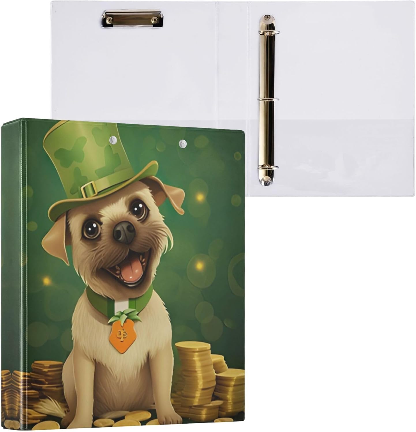 St. Patrick's Day Cute Dog 3 Ring Binders, 1.5” Round Ring Binders with Clipboard - Letter Size, 3 Interior PVC Clear Pockets & Anti-Slip Clip for Office School Supplies, 2PCS