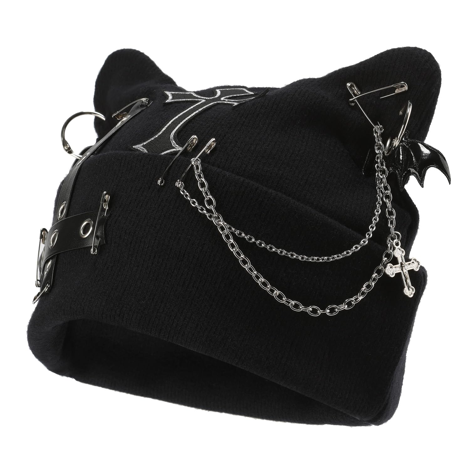 YEFATU Women's Black Cat Ear Beanie, Punk, Goth, One Size