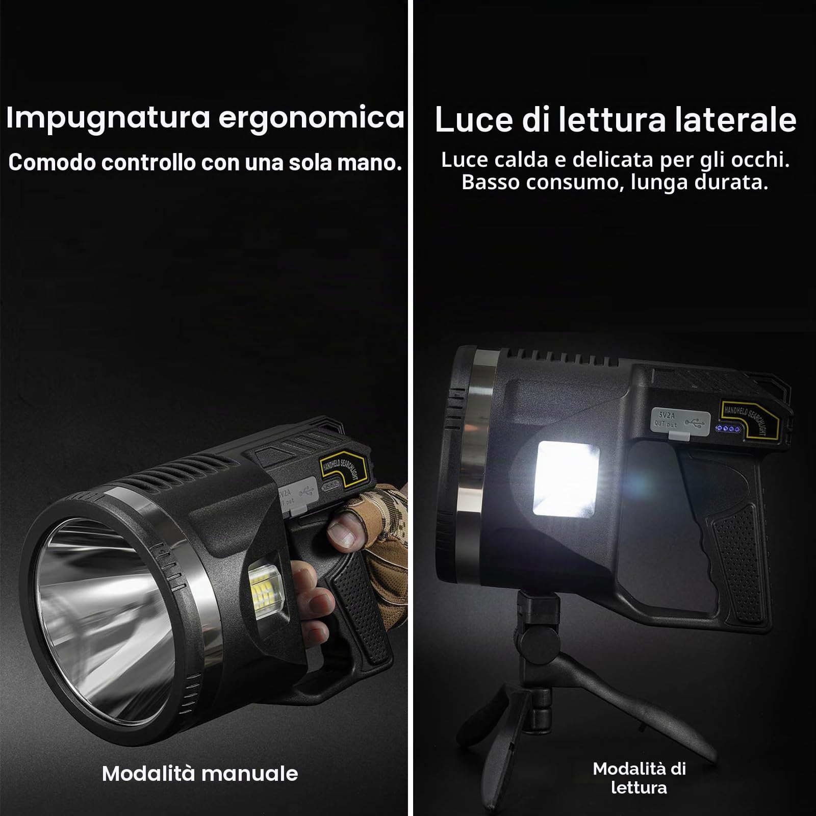 Torcia LED Ricaricabile con Proiettore - 1500 Lumen Super Luminosa, 6 Modalità, IPX7 Impermeabile, 4500mAh 25H, Luce COB, Treppiede Regolabile per Esterno, Sicurezza, Emergenza