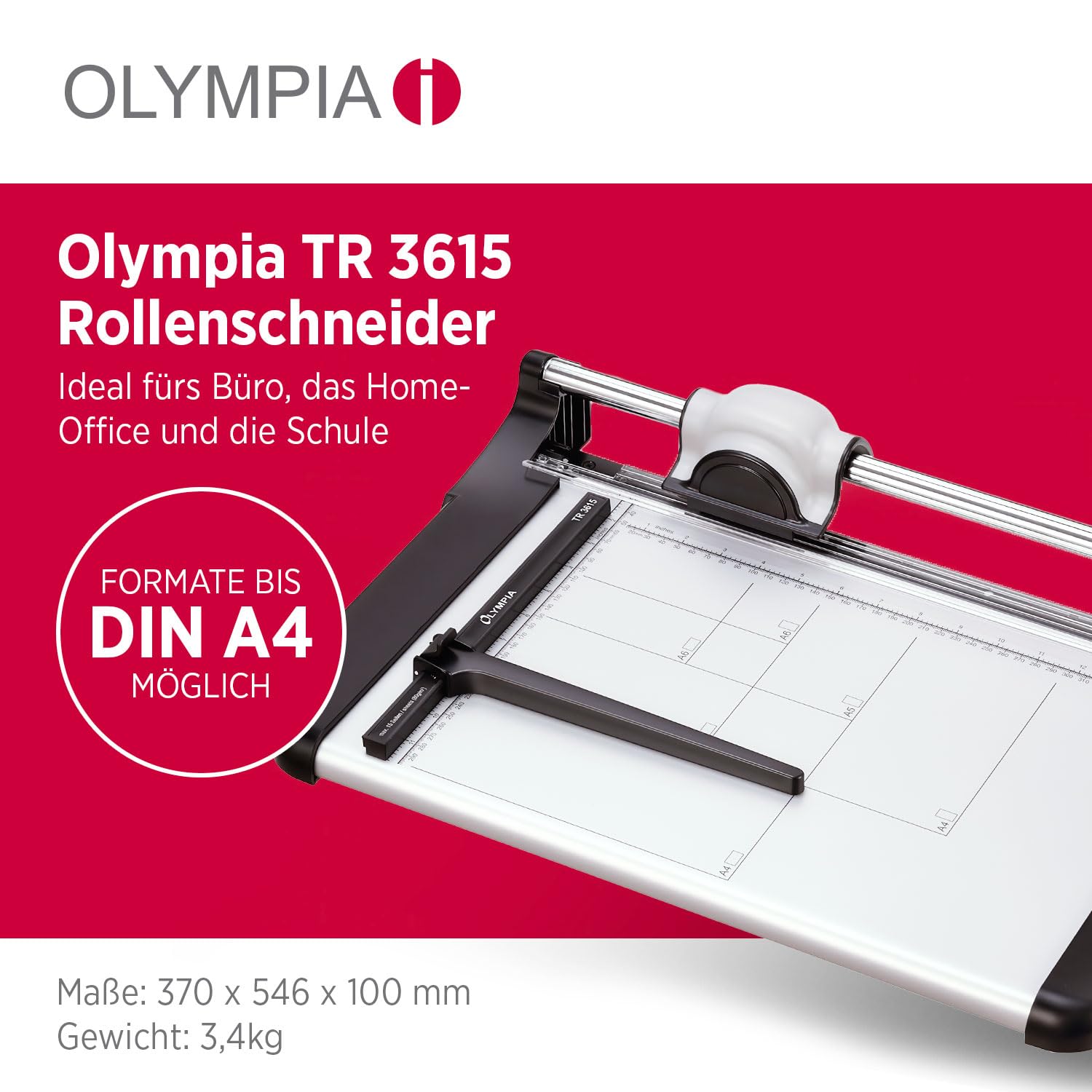 Olympia TR 3615 krajalnica rolkowa (DIN A4, 15 arkuszy, pomoc w pozycjonowaniu, krajalnica do papieru, kart i zdjęć, wysokiej jakości maszyna do cięcia papieru do biura)