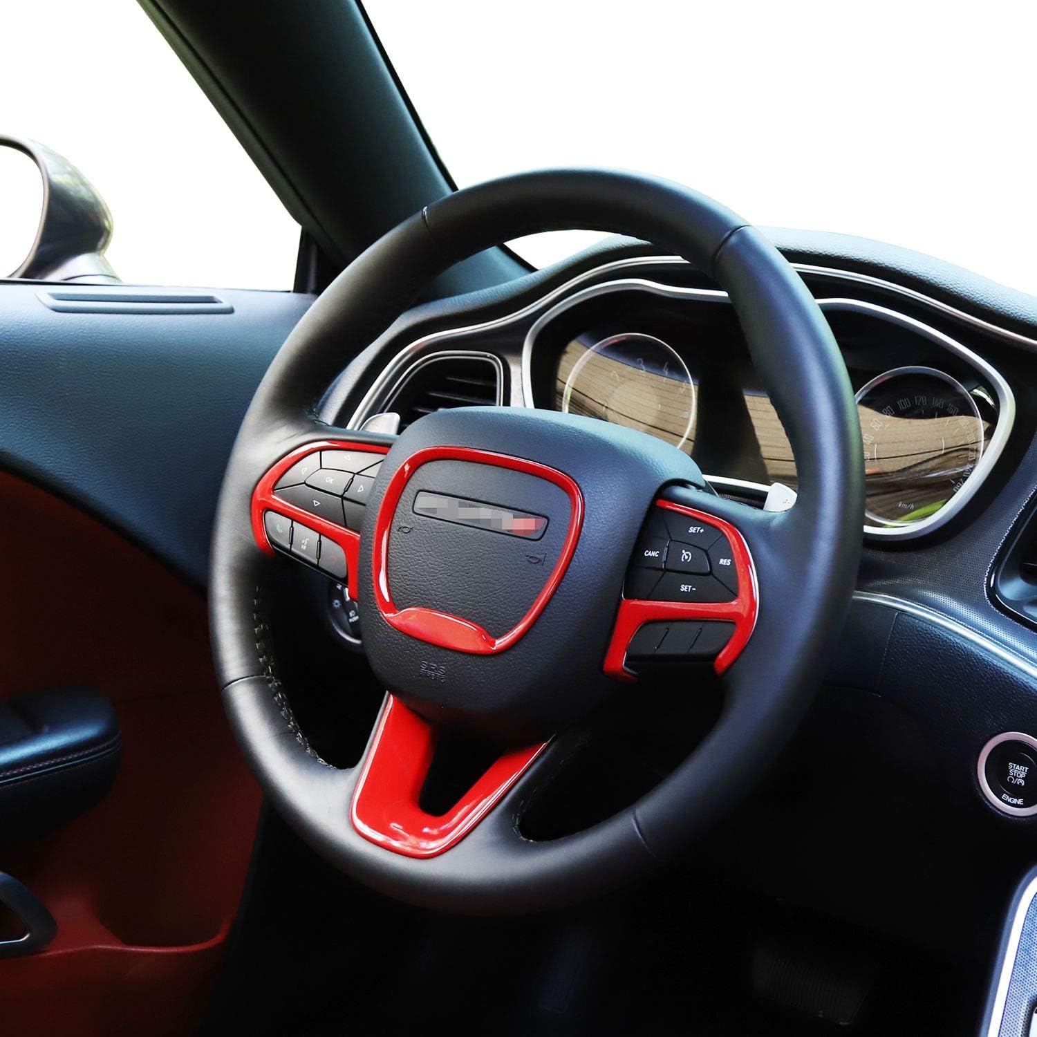 JeCar Steering Wheel Trim Interior Decoration Kits Compatible with Dodge Challenger/Charger 2015-2023 & Durango 2014-2020, Red
