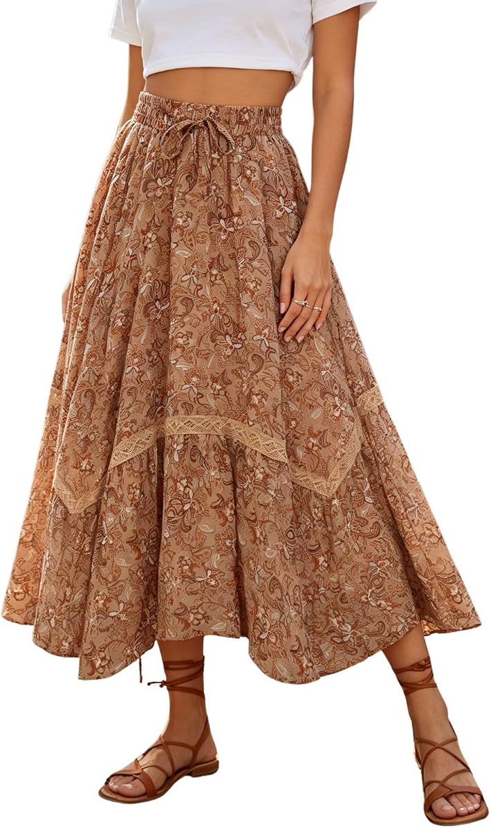 Scarlet Darkness Women's Boho Maxi Skirt Renaissance Skirt A-Line Elastic High Waist Long Skirts with Pockets