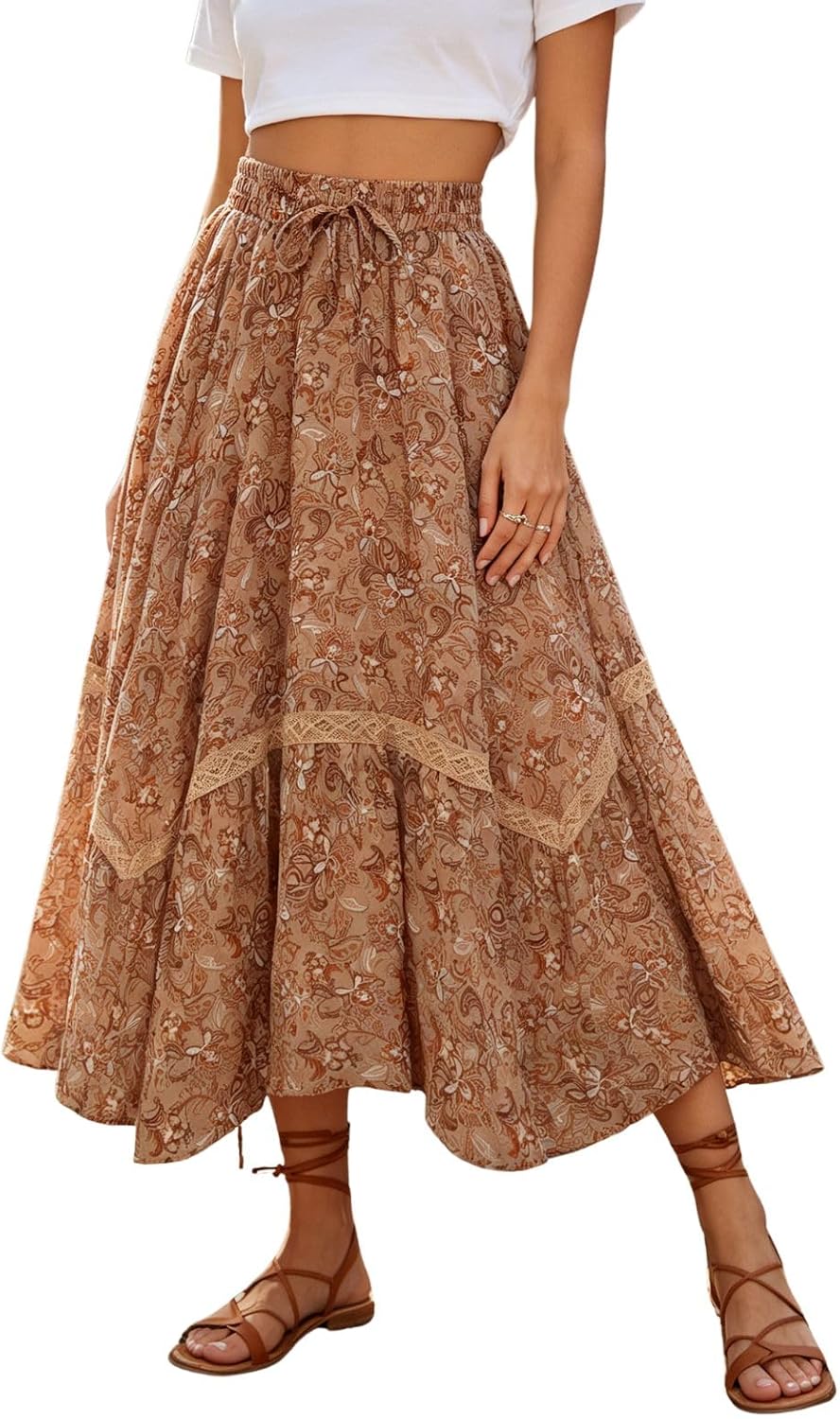 Scarlet Darkness Women's Boho Maxi Skirt Renaissance Skirt A-Line Elastic High Waist Long Skirts with Pockets