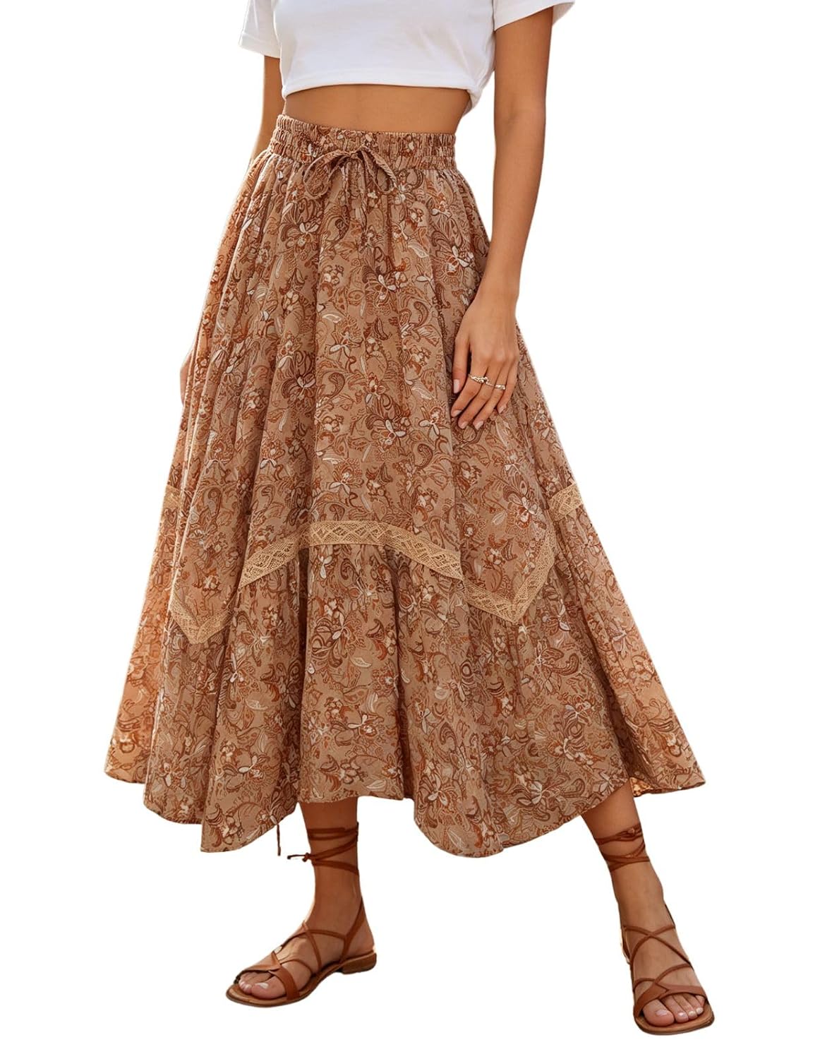 Scarlet Darkness Women's Boho Maxi Skirt Renaissance Skirt A-Line Elastic High Waist Long Skirts with Pockets