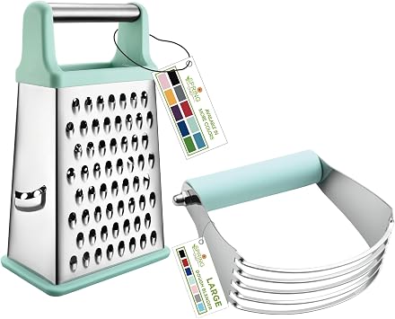 Spring Chef Stainless Steel XL Box Grater & Professional Large Dough Blender - 2 Product Bundle - Mint