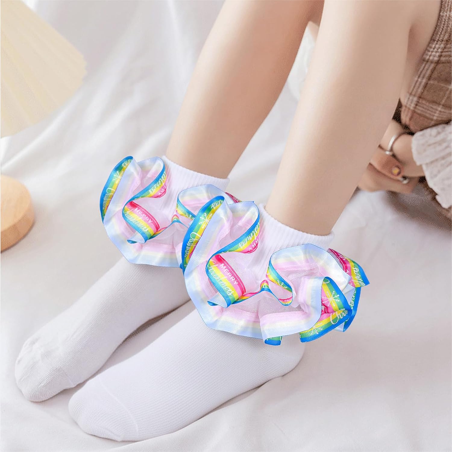 Toddler Lace Green Red Cute Dwarf and Merry Christmas Ruffles Socks for Girls Turn Cuff Gnomes Frilly Dress Sock - Image 2