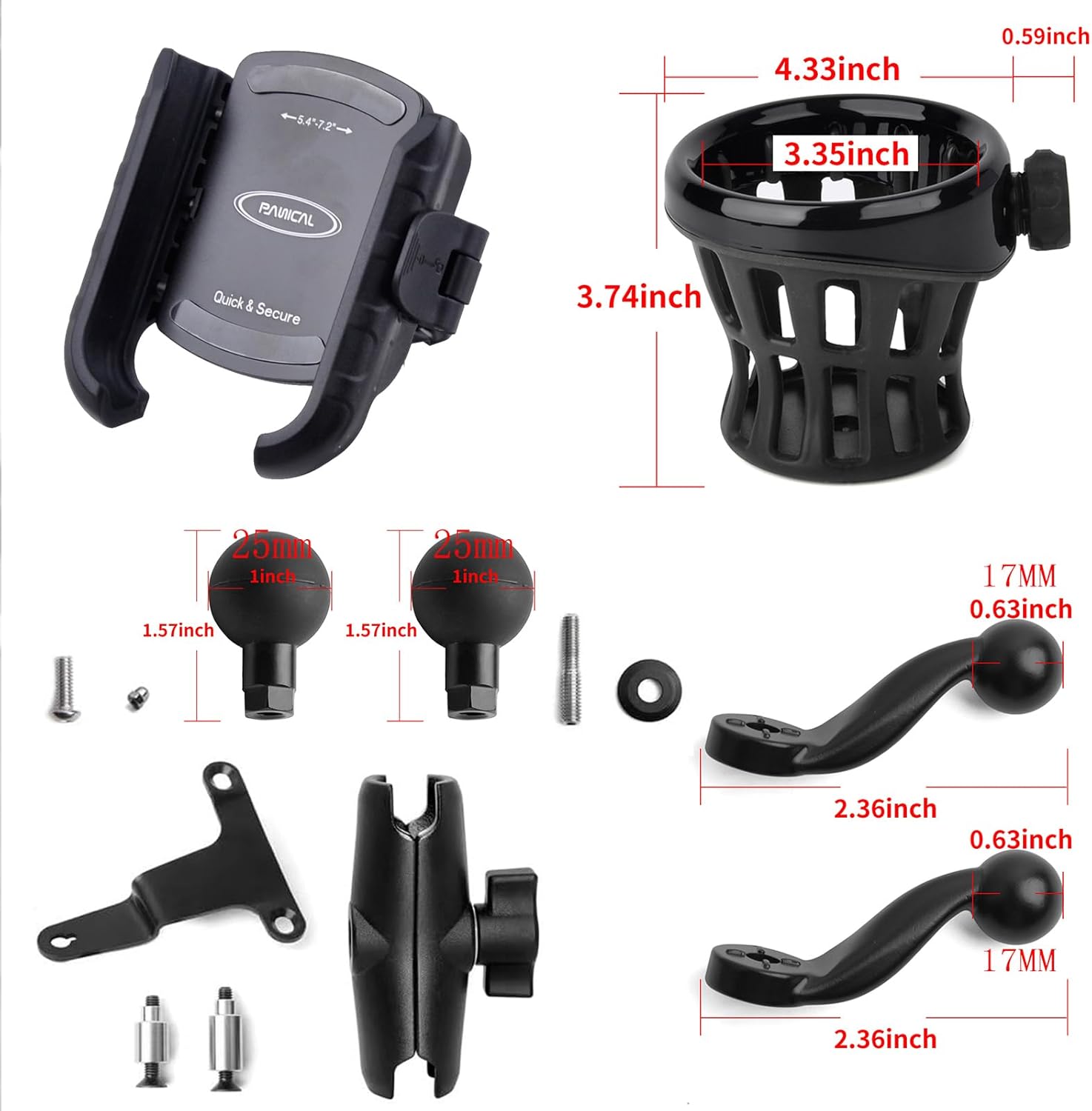 Panical Rear Passenger Phone Holder Water Cup Set Accessories 0.6'' 17mm and 1'' 25mm TPU Ball Head Universal for Honda Goldwing GL1800 2021-2026 (Right Black)