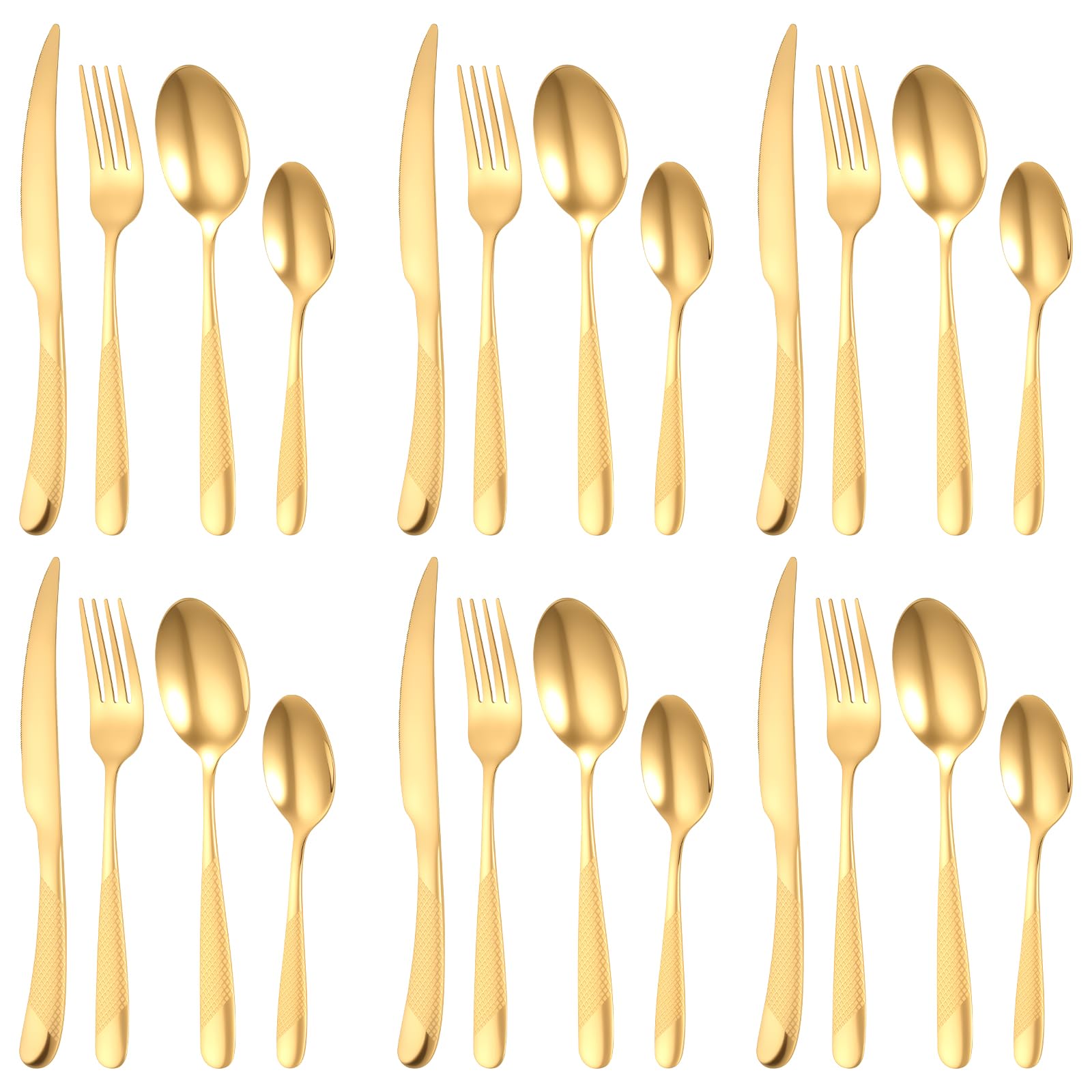 24 Piece Anti-Slip Handle Stainless Steel Cutlery Set for 6 Flatware Sets Hammered Pattern Tableware Silverware Set with Spoon Knives and Forks Sets Dishwasher Safe for Home Restaurant Party (Gold) — image 1