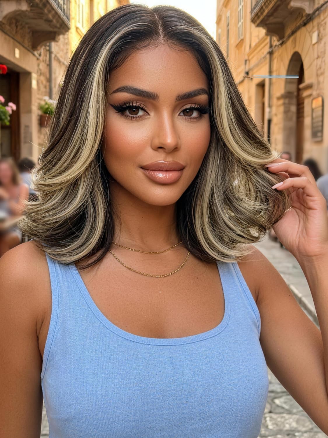 KLAIYI Bye Bye Slip™ Ombre Ash Blonde Highlight Bob Body Wave Glueless Precut 7X5Lace Front Wigs Human Hair Layer Blowout Drawstring Ready to Wear Go Wig Face F