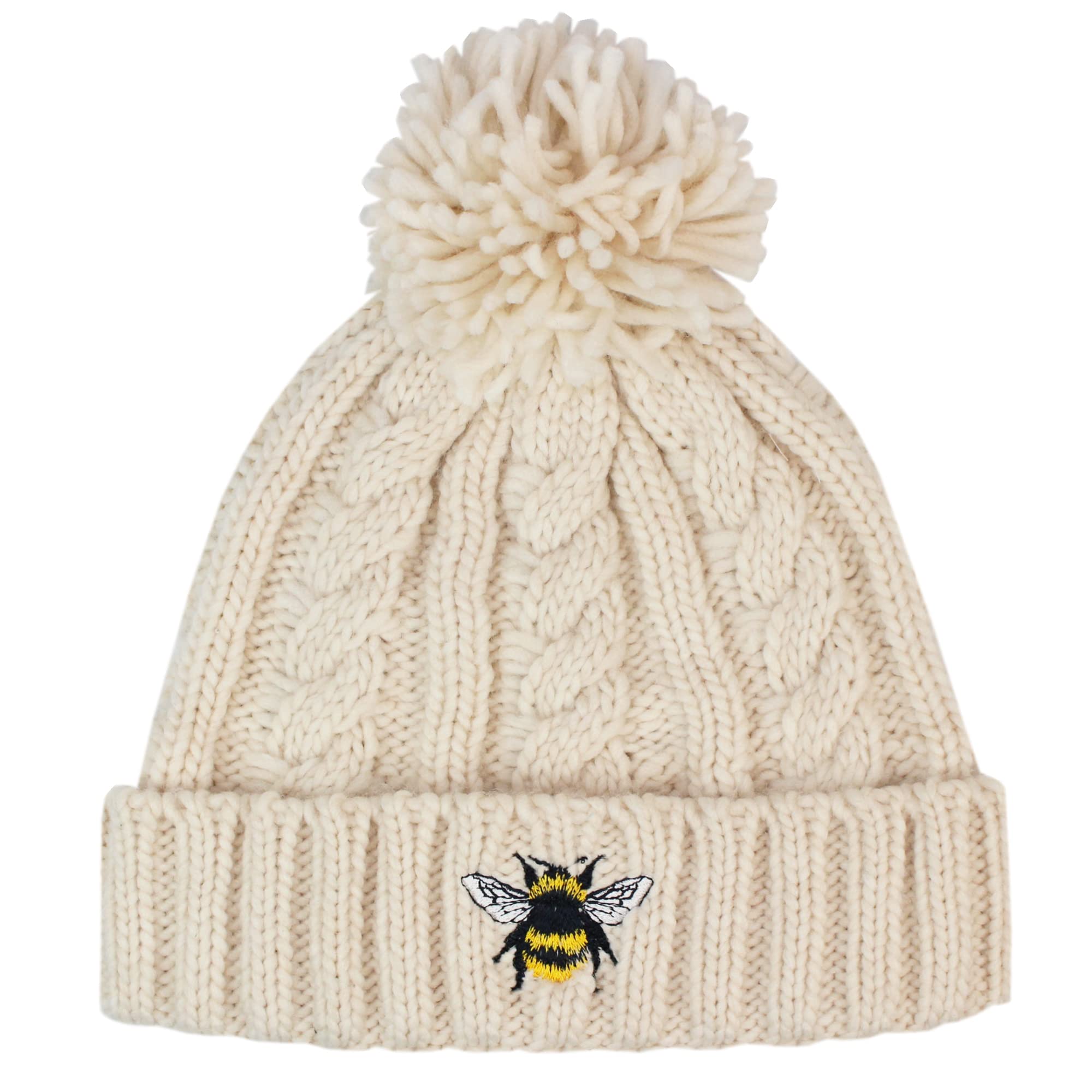 TeddyTs Women's Bumble Bee Chunky Cable Knit Thermal Bobble Hat Cream, L